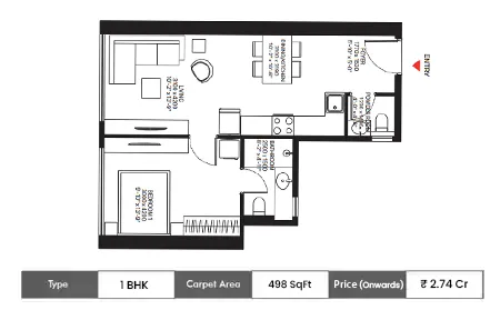 Sobha Inizio 1 BHK floor plan, 498 sq ft carpet area