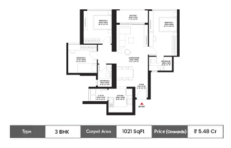 Sobha Inizio 3 BHK floor plan, 1021 sq ft carpet area